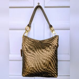 Braciano Bronze Gold Faux Leather Woven Hobo Shoulder Bag